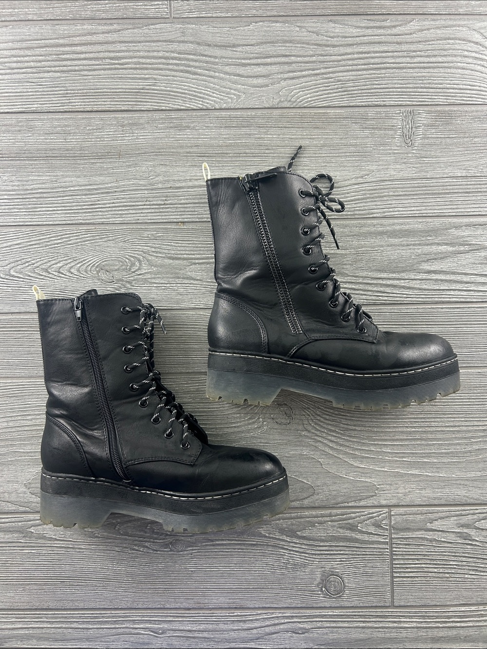 MIA Black Lace-Up Platform Combat Boots with Side Zipper